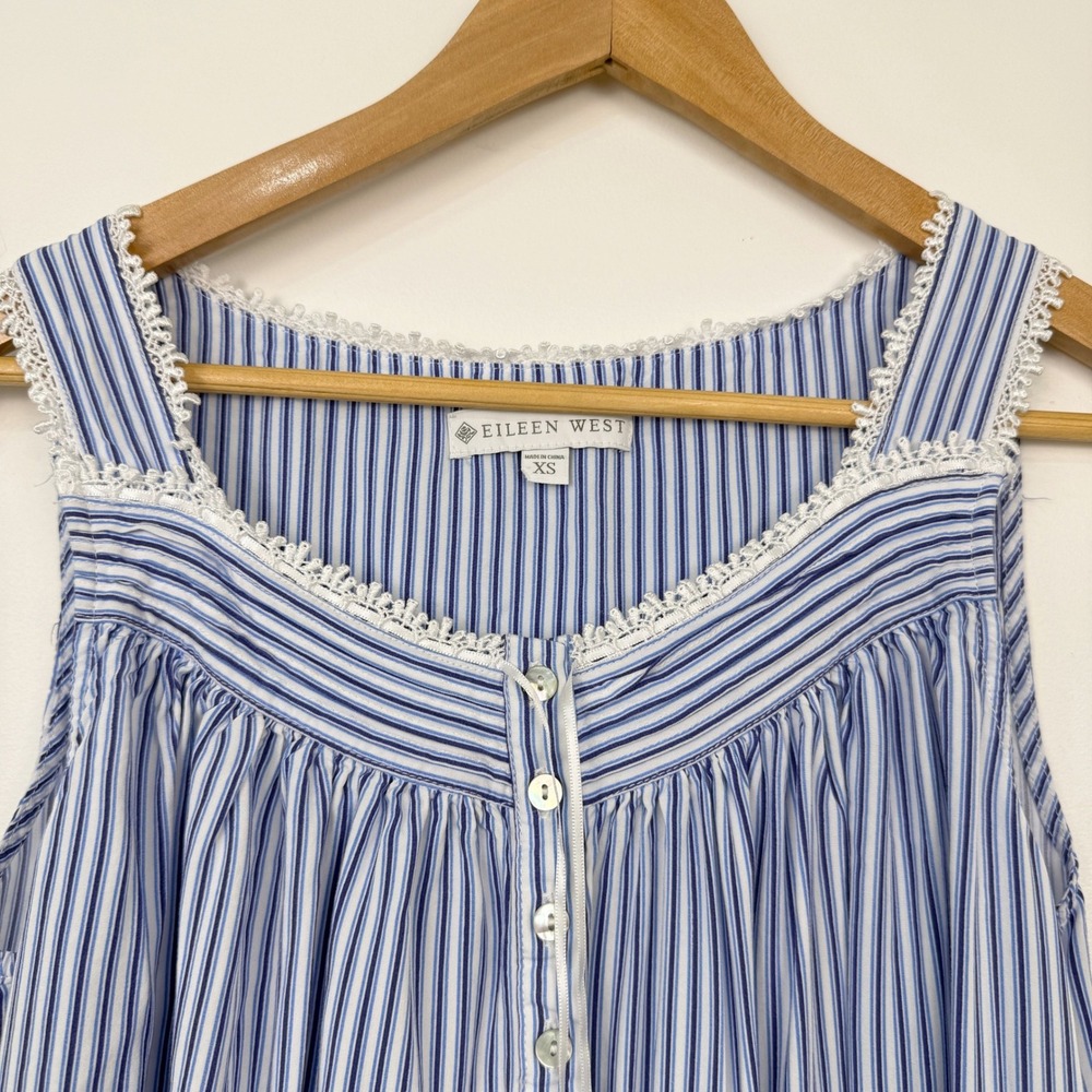 Eileen West Nightgown Womens XS Blue White Striped Lace Trim Ruffle Hem - Picture 3 of 7